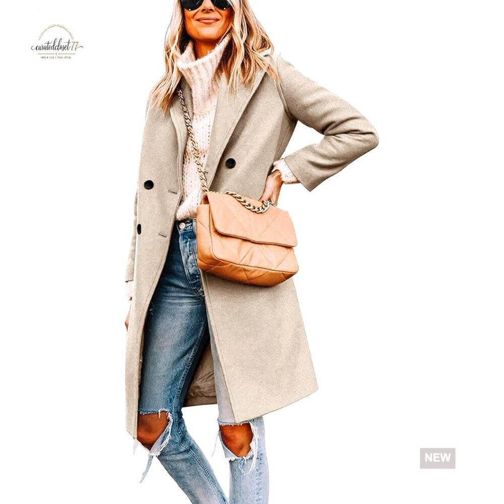 Women's Wool Blend Pea Coat Notch Lapel Double Breasted Knee Length
